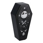 Black Nightmare Before Christmas coffin-shaped wall decor with white character cutouts and icons.
