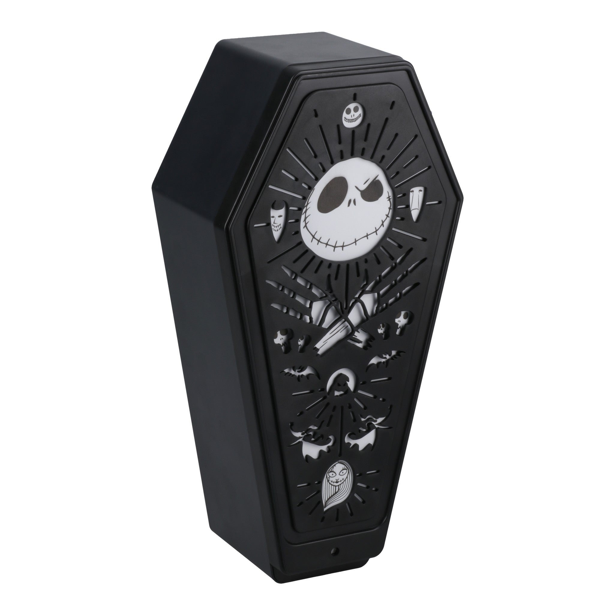 Black Nightmare Before Christmas coffin-shaped wall decor with white character cutouts and icons.