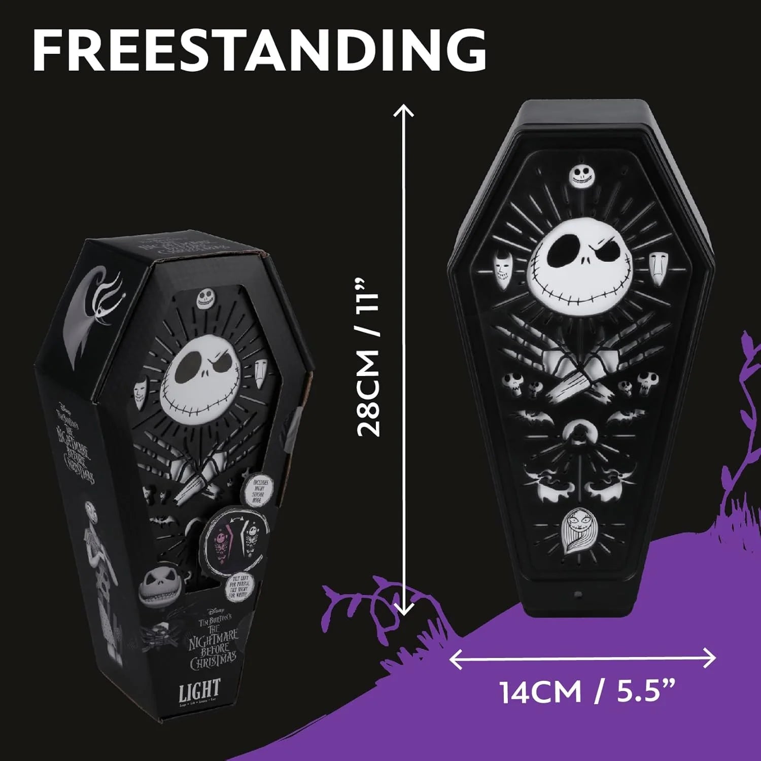 Black coffin-shaped Nightmare Before Christmas light, featuring Jack Skellington, 11 inches tall, freestanding decor.