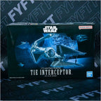 Bandai Star Wars 1/72 TIE Interceptor model kit box, featuring a dark blue space scene with the starfighter.