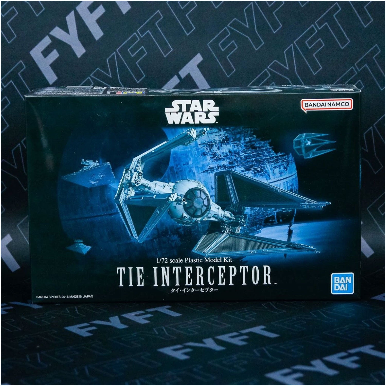 Bandai Star Wars 1/72 TIE Interceptor model kit box, featuring a dark blue space scene with the starfighter.