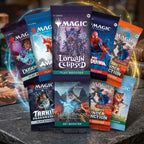 Assorted Magic: The Gathering card booster packs with colorful character art, displayed in a circular arrangement.