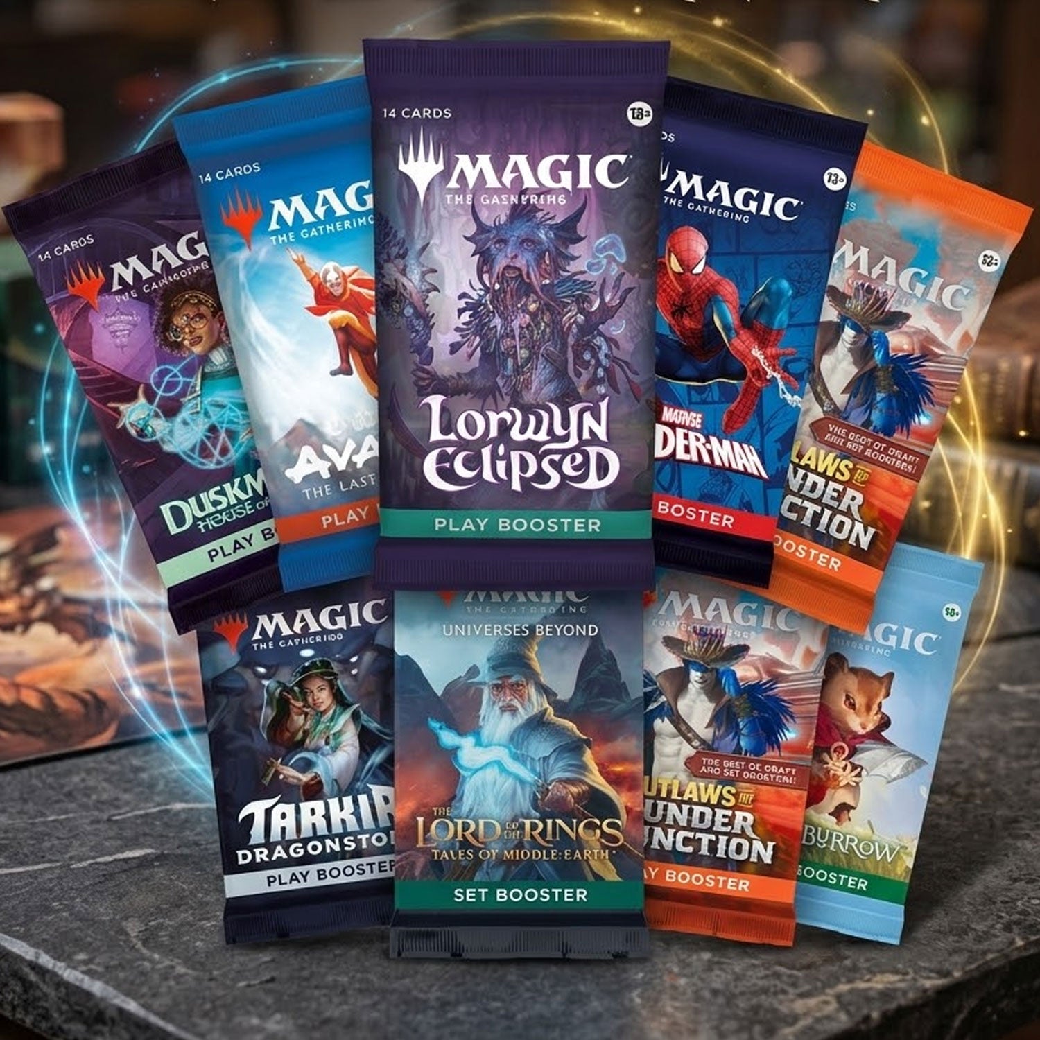 Assorted Magic: The Gathering card booster packs with colorful character art, displayed in a circular arrangement.