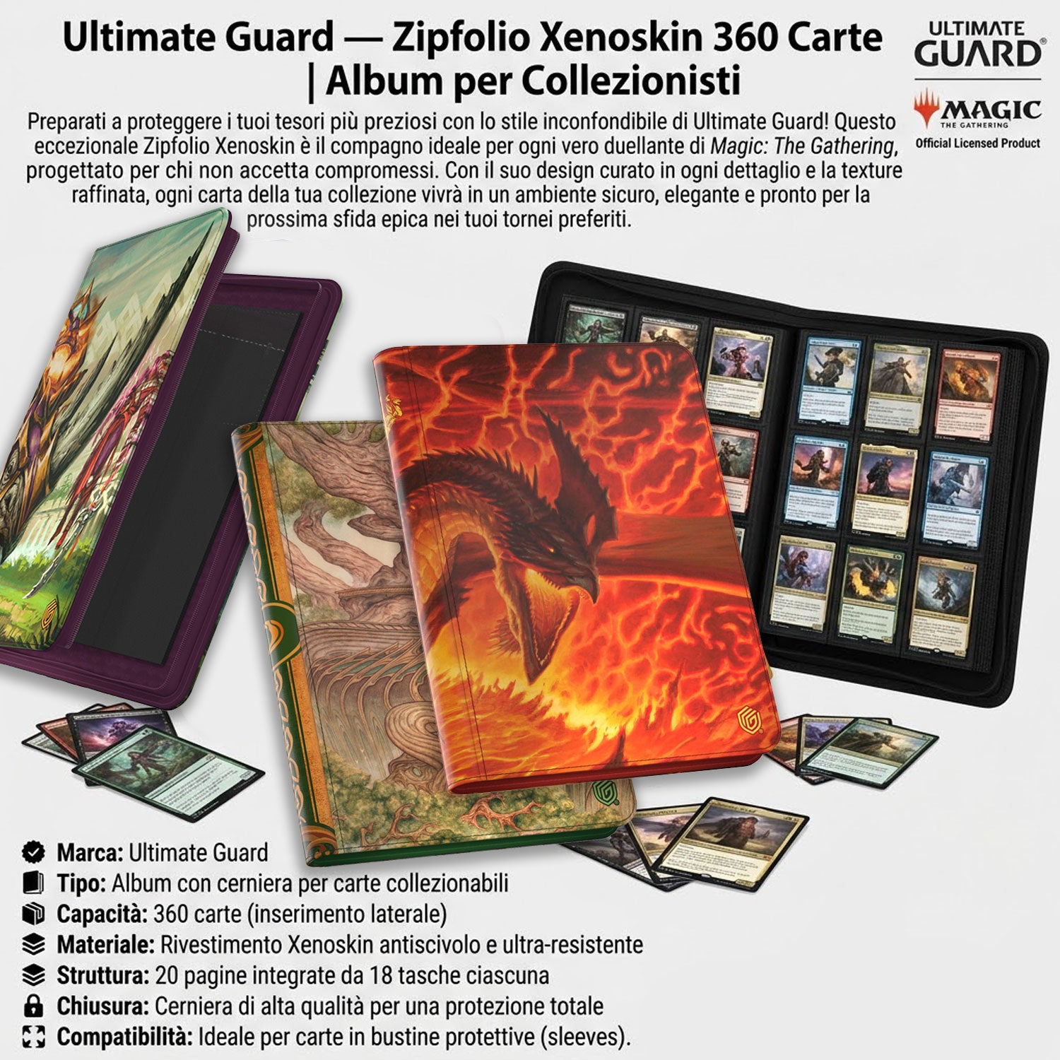Ultimate Guard Xenoskin 360-card zipper binders with vibrant dragon and landscape fantasy artwork for trading cards.