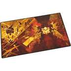 Magic: The Gathering playmat in red and gold, featuring abstract, stylized fantasy art with geometric patterns.