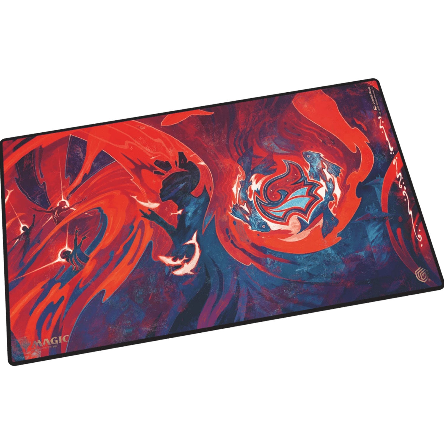 Magic: The Gathering playmat featuring a dark, surreal fantasy illustration of figures and fish in vibrant red and blue.