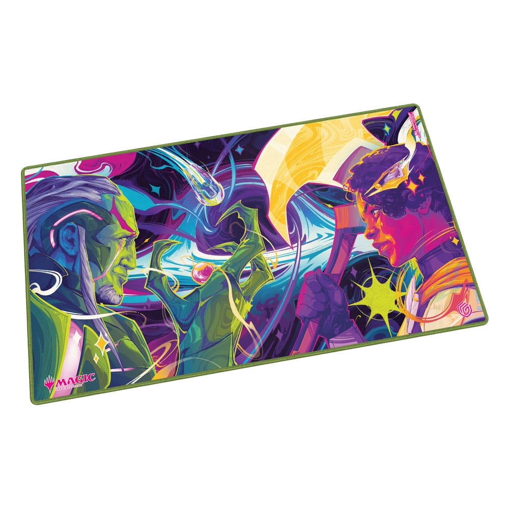 Magic: The Gathering playmat featuring colorful, psychedelic character art of two fantasy figures in a cosmic battle.