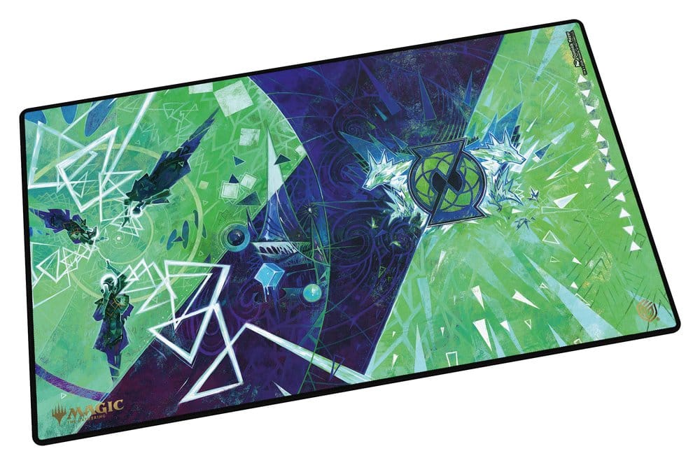 Magic: The Gathering playmat in green and purple with geometric abstract shapes, symbols, and a central emblem.