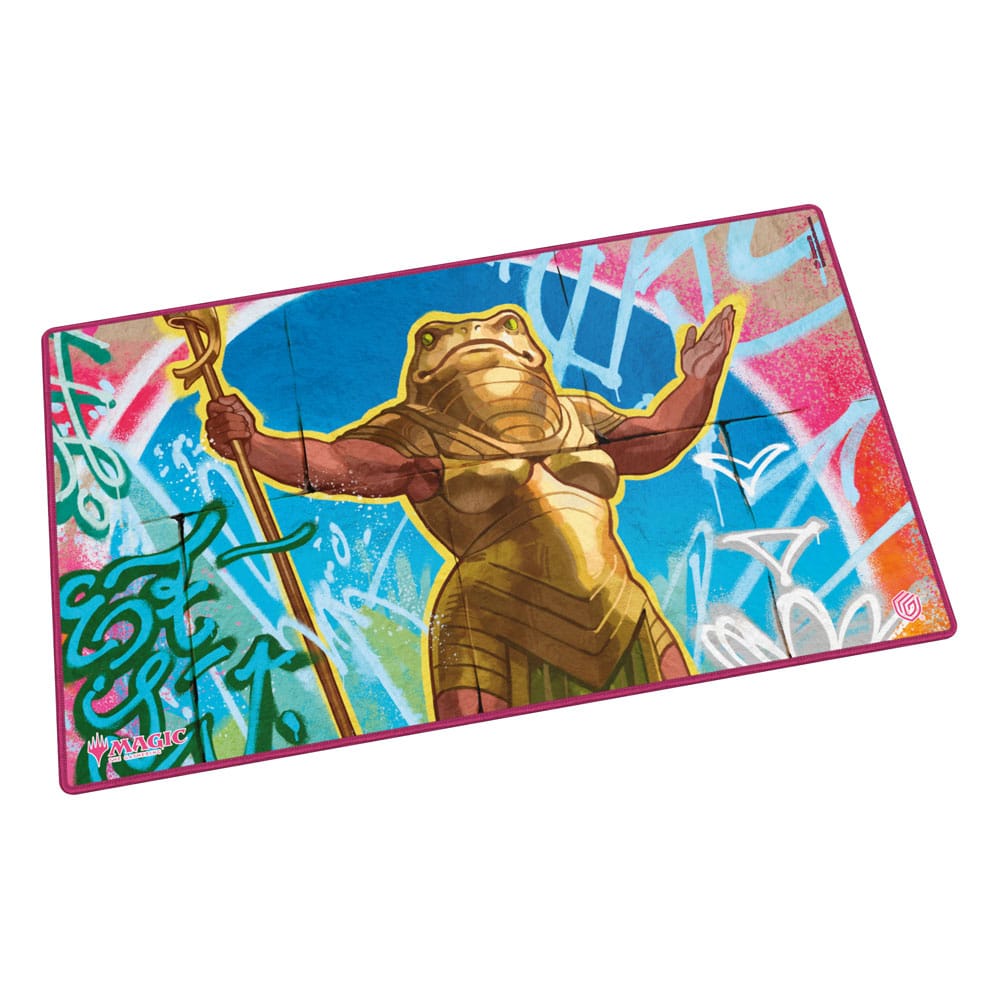 Rectangular playmat featuring a gold-armored frog holding a staff, set against a vibrant blue and pink graffiti background.