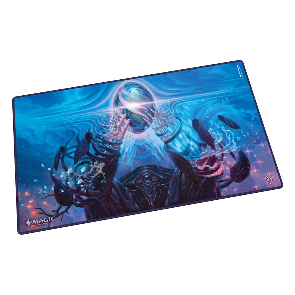 Magic: The Gathering playmat featuring ethereal blue art of a mysterious figure holding a glowing orb.