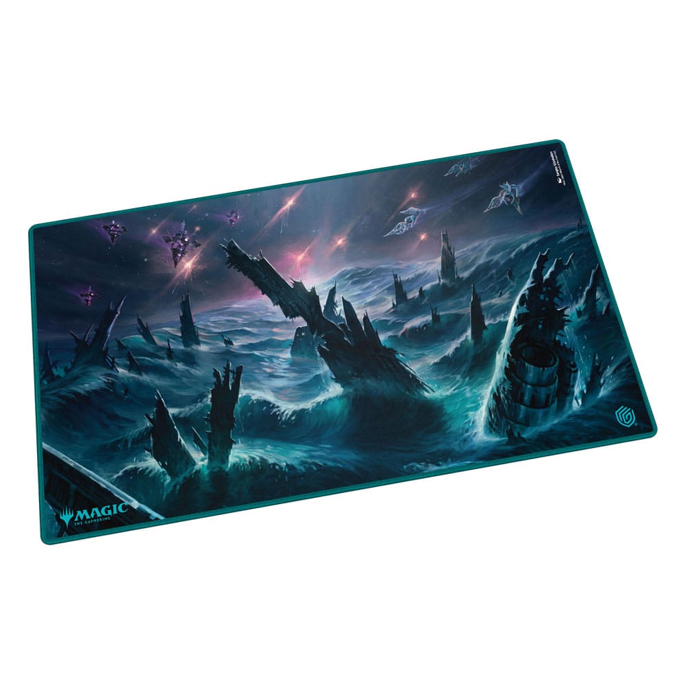 Magic: The Gathering playmat featuring dark blue ocean wreckage, glowing stars, and alien ships in a fantasy style.