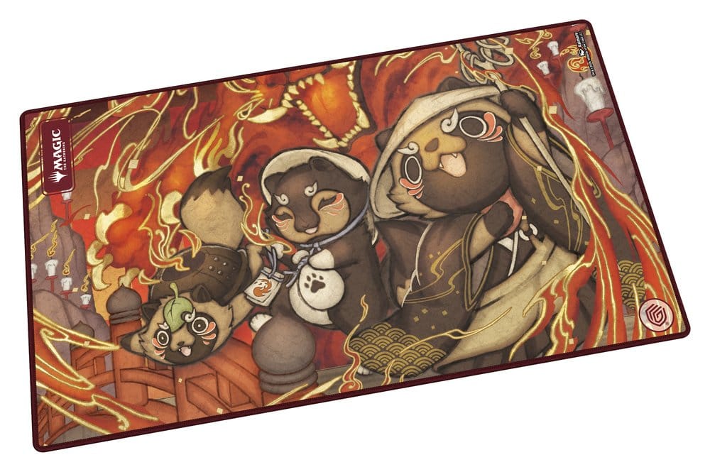 Magic: The Gathering playmat featuring stylized tanuki characters in a vibrant red and gold Japanese-inspired art style.