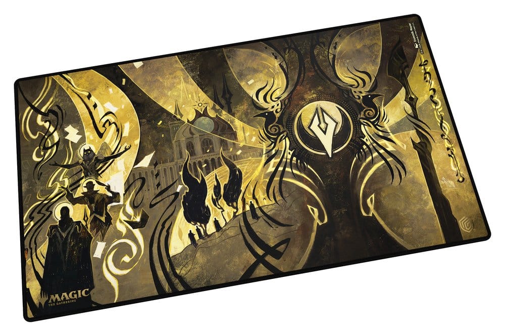 Magic: The Gathering playmat in black and gold with stylized fantasy art of figures and architecture.