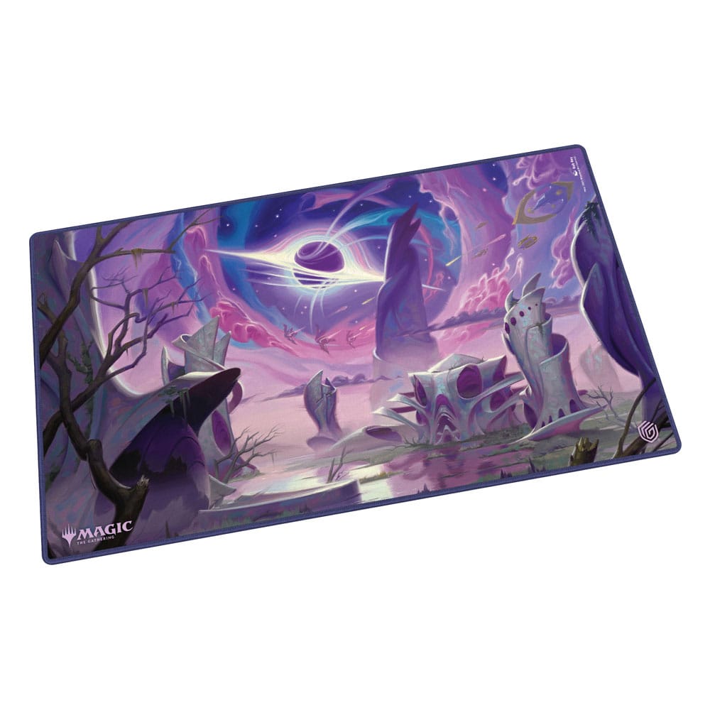 Magic: The Gathering playmat featuring a surreal, purple-toned landscape with a black hole and alien architecture.