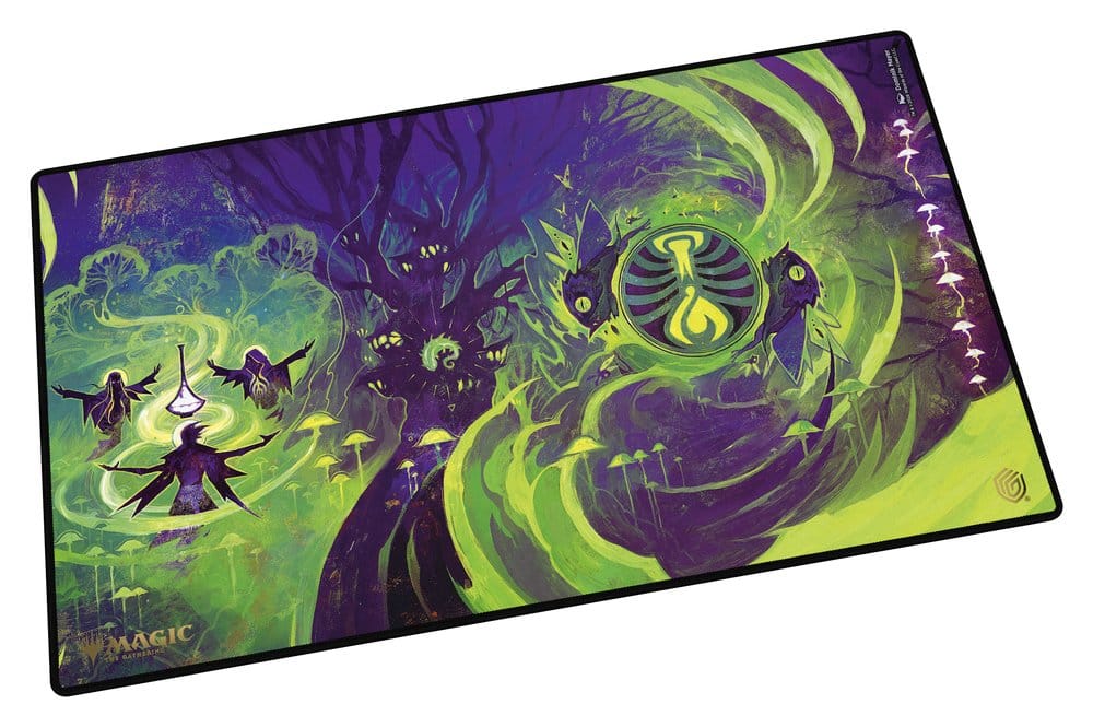 Magic: The Gathering playmat in purple and neon green with abstract forest, mystical figures, and magical symbols.