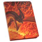 Trading card binder featuring a roaring dragon against a vibrant, fiery orange lava background in a fantasy art style.