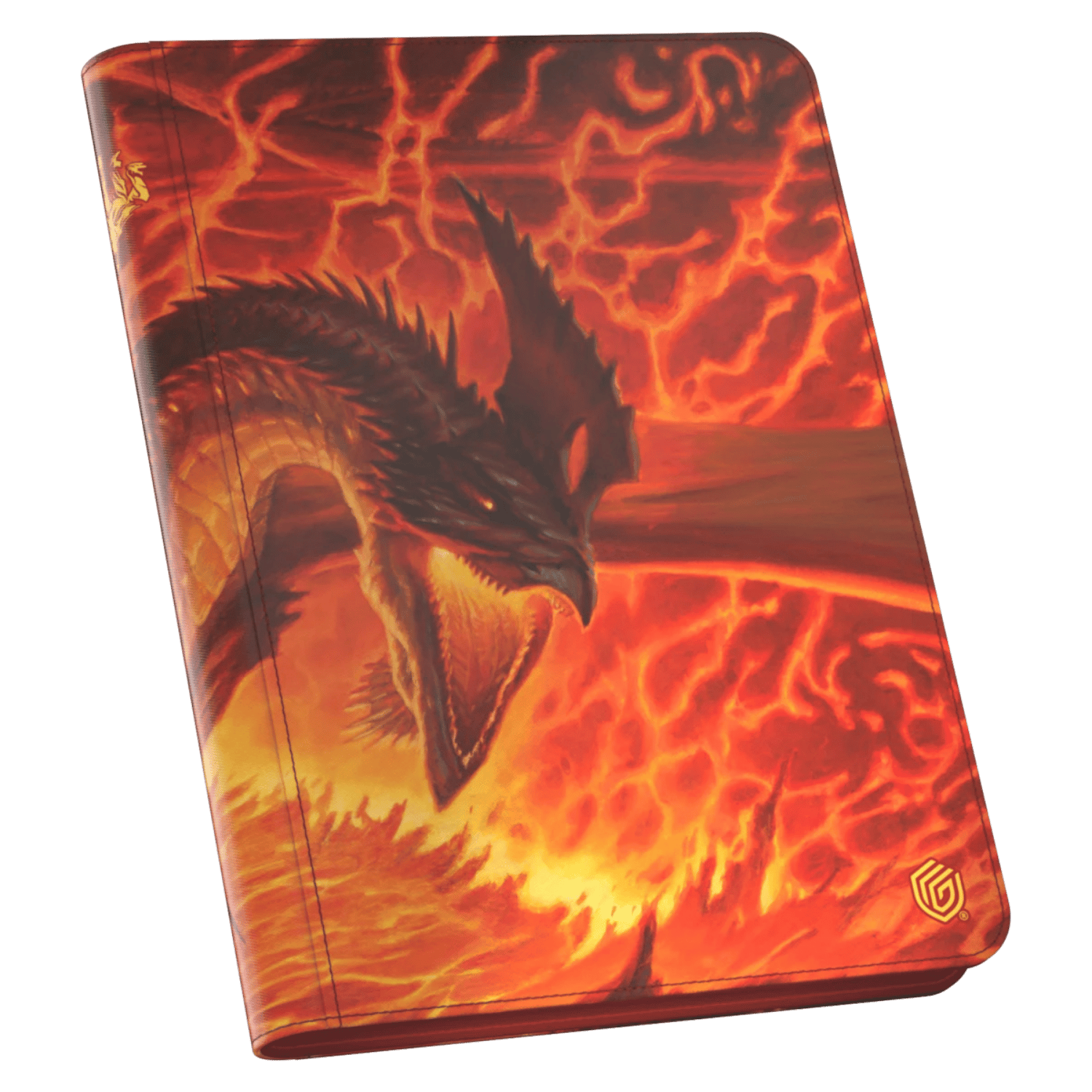 Trading card binder featuring a roaring dragon against a vibrant, fiery orange lava background in a fantasy art style.