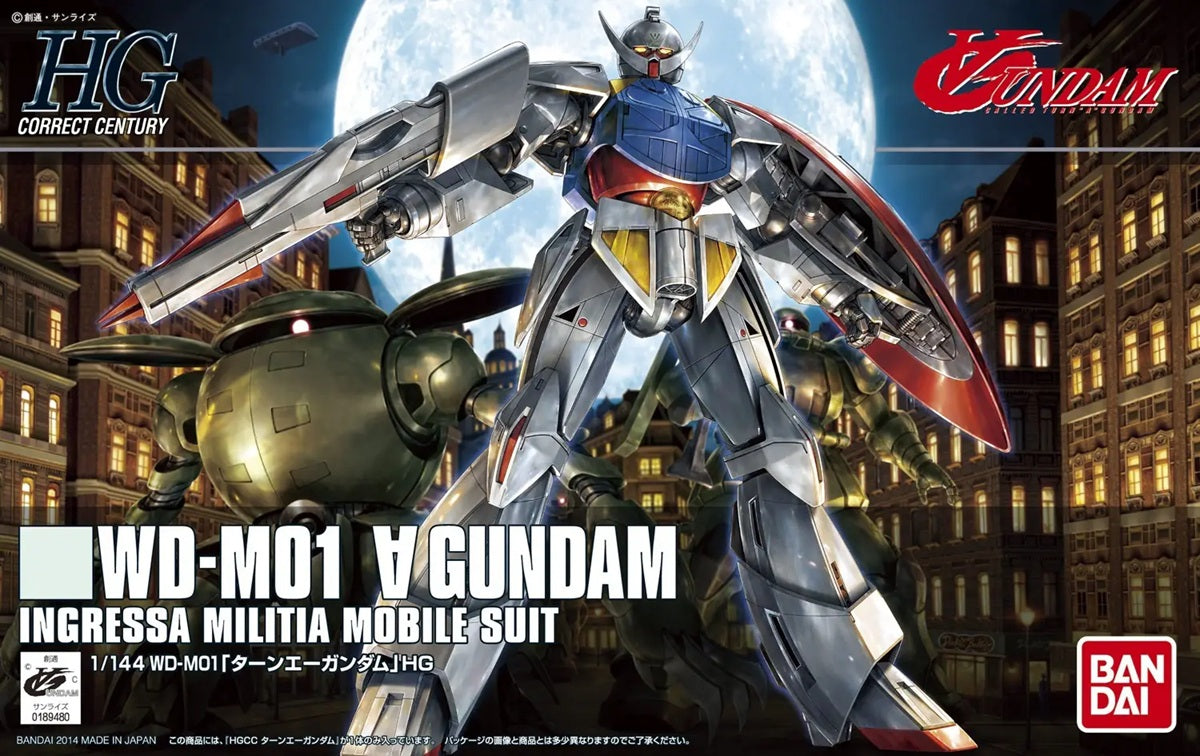 Confezione Bandai HGUC 1/144 WD-M01 Turn A Gundam: illustrazione del robot su sfondo notturno cittadino.