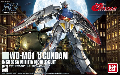 Confezione Bandai HGUC 1/144 WD-M01 Turn A Gundam: illustrazione del robot su sfondo notturno cittadino.