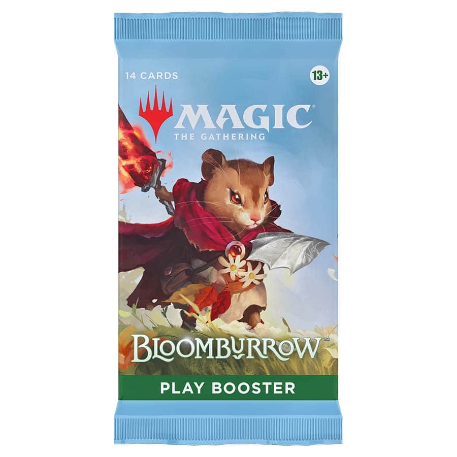 Magic: The Gathering Bloomburrow light blue play booster pack featuring an illustrated warrior mouse in a red cloak.