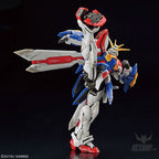 God Gundam action figure, white, red, blue, and yellow with high-articulation pose, isolated on black background.
