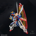 God Gundam action figure in red, white, and blue with large translucent yellow and red circular energy ring effect.