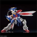 Gundam plastic model kit in red, blue, and white, posed dynamically with large wings and sword against a black background.
