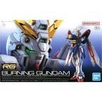 RG 1/144 Burning Gundam model kit box art featuring the white, red, and blue mecha with gold V-fin detail.