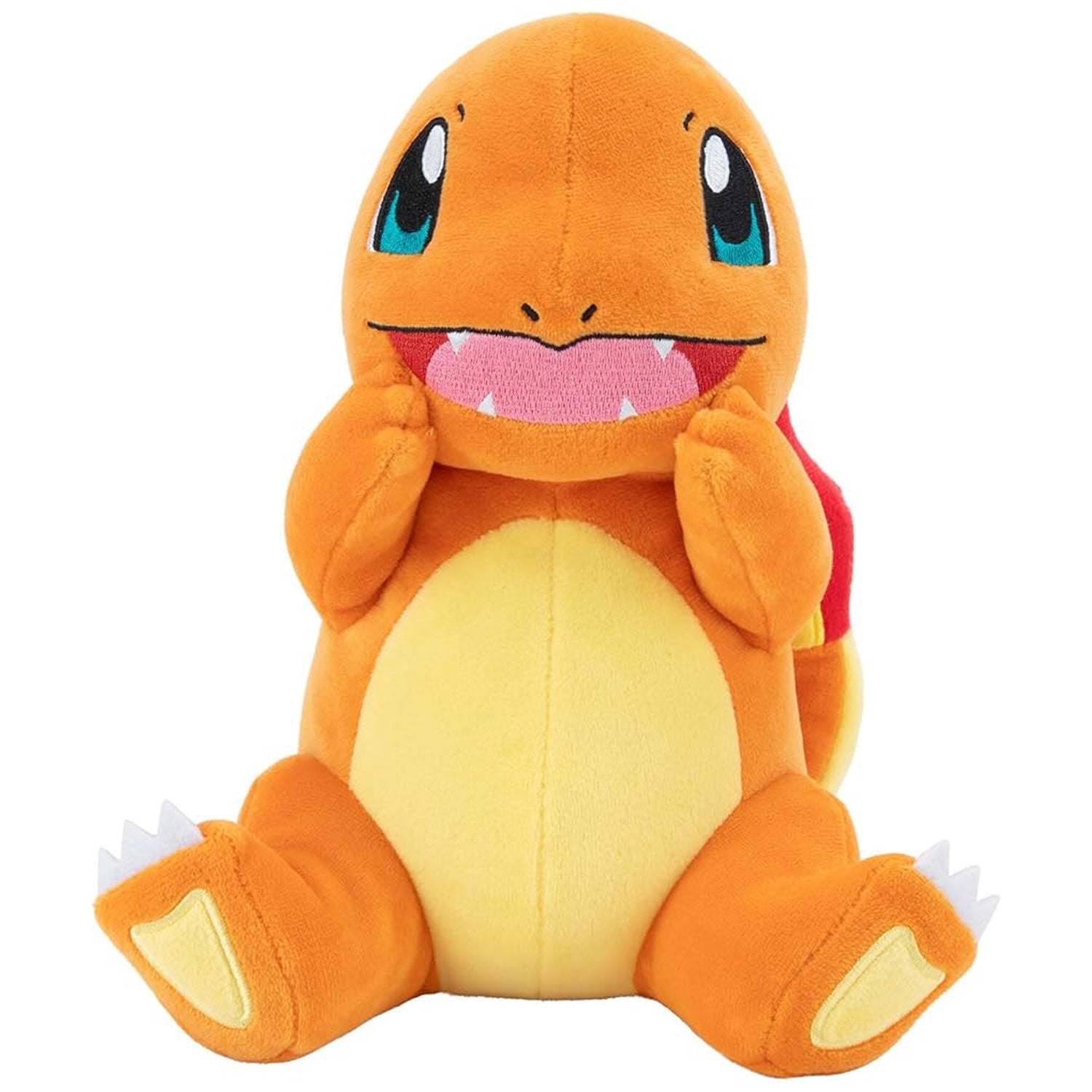 Peluche Pokémon Charmander Jazwares 20 cm, pupazzo in morbido tessuto arancione seduto con sorriso felice.