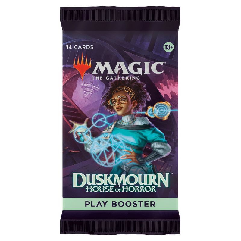 Magic: The Gathering Duskmourn: House of Horror play booster pack featuring a mage with blue magic in a dark setting.
