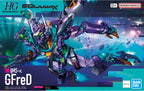 Bandai HG 1/144 GFreD model kit box art featuring a purple, teal, and orange mechanical robot in space.