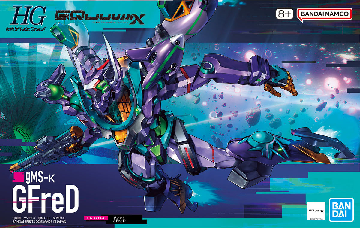 Bandai HG 1/144 GFreD model kit box art featuring a purple, teal, and orange mechanical robot in space.