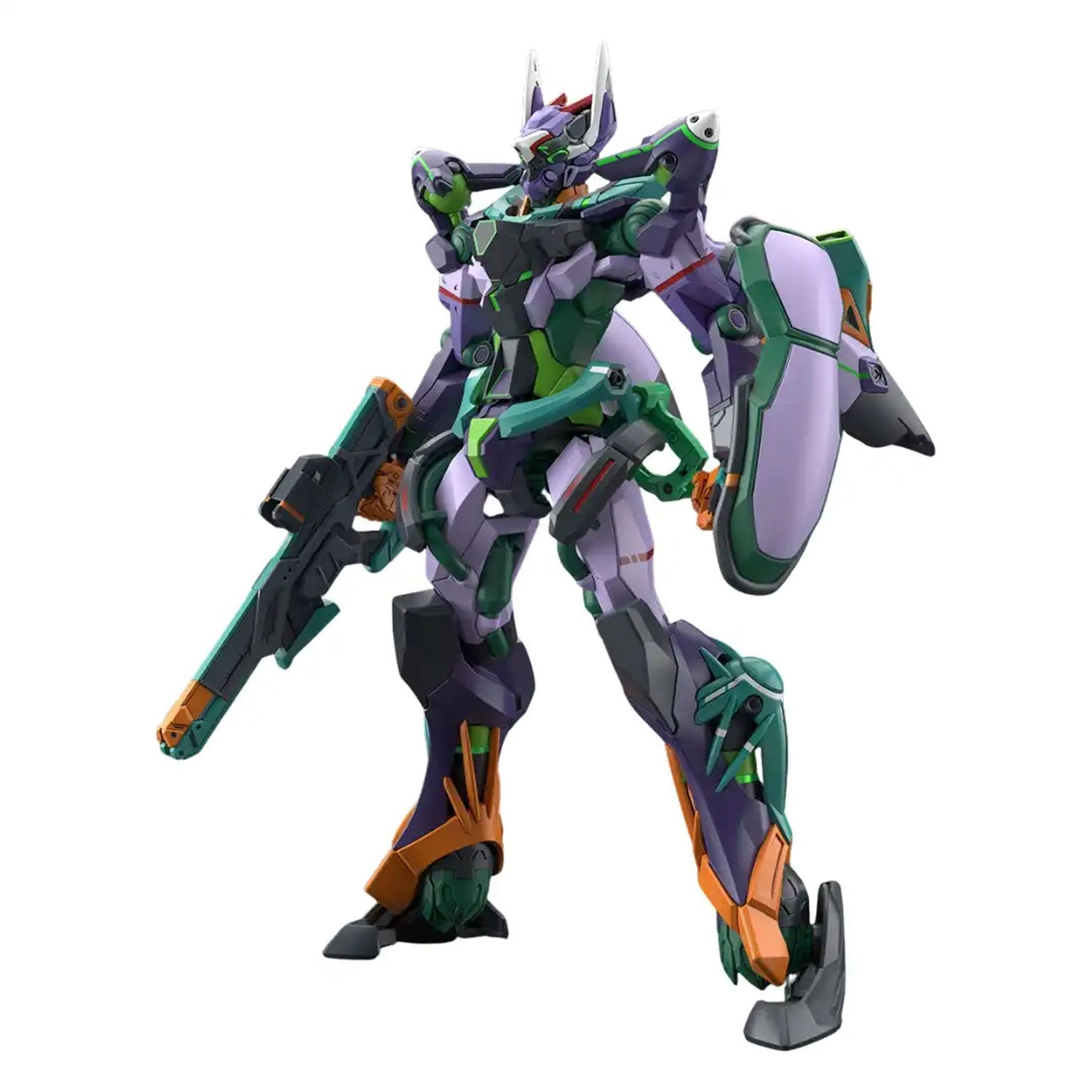 Action figure of a futuristic purple and green mecha robot holding a weapon and shield, isolated on white.