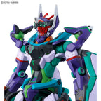Model kit of a futuristic purple, teal, and white robot with a complex, mechanical design and horned helmet.