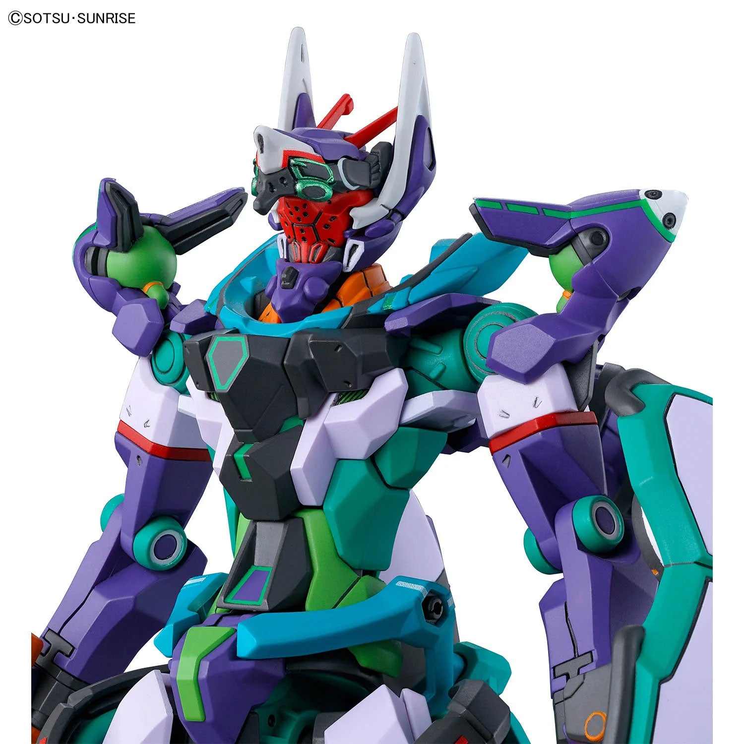 Model kit of a futuristic purple, teal, and white robot with a complex, mechanical design and horned helmet.