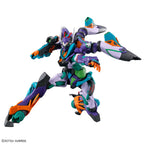 Dynamic purple, green, and orange Gundam action figure in a combat pose against a white background.