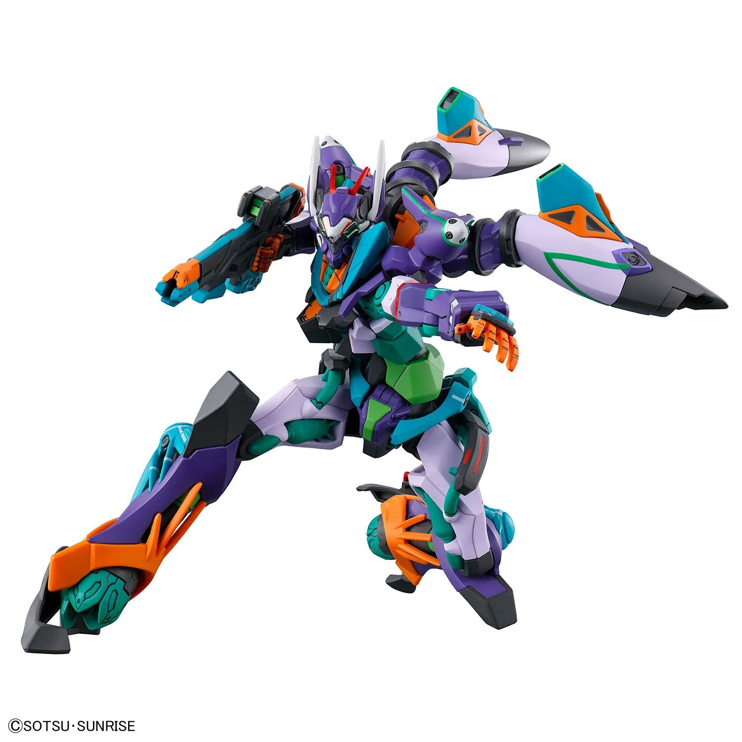 Dynamic purple, green, and orange Gundam action figure in a combat pose against a white background.