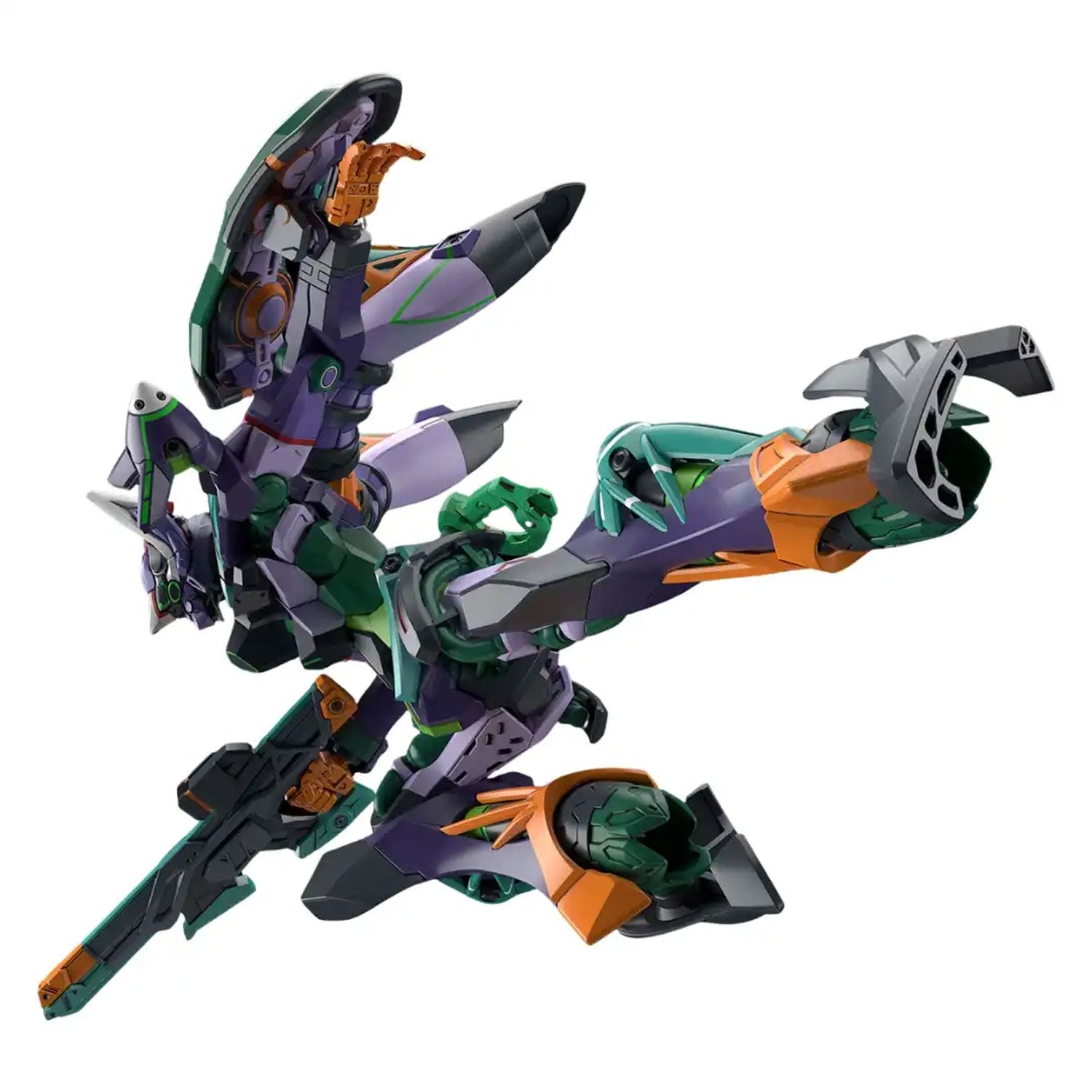 Posable purple, green, and orange Evangelion mecha action figure in a dynamic high-kick pose against a white background.