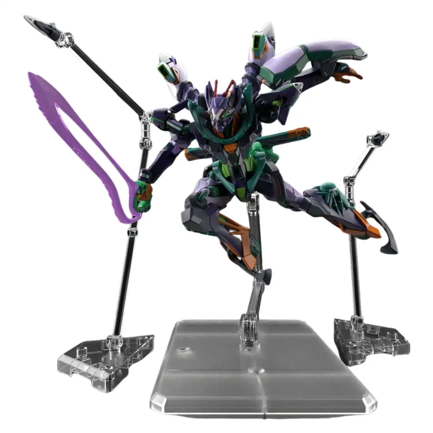 Evangelion Unit-01 action figure in purple, green, and orange armor, posed dynamically on a clear plastic display stand.