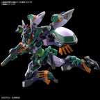 Dynamic pose of a purple, green, and orange Gundam model kit with a futuristic, mecha design against a black background.