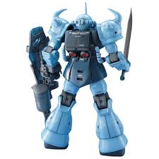 Blue Gouf Custom Gundam model kit with shoulder spikes, shield, and sword on a white background.