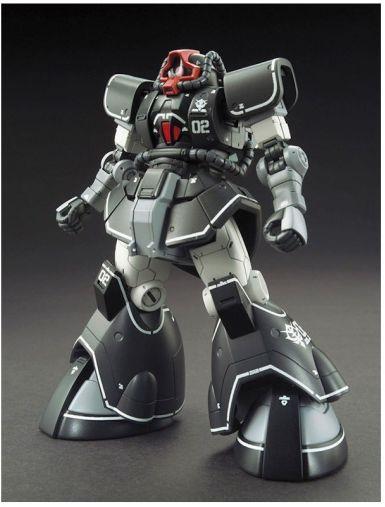 Black and grey Gundam model kit with red head details, white trim accents, and '02' decals on a dark background.