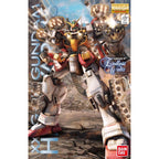Master Grade Gundam Heavyarms model kit, red, white, and orange, firing missiles and gatling gun in battle.
