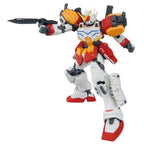 Red, white, and yellow Gundam action figure wielding a combat knife in a dynamic pose against a white background.