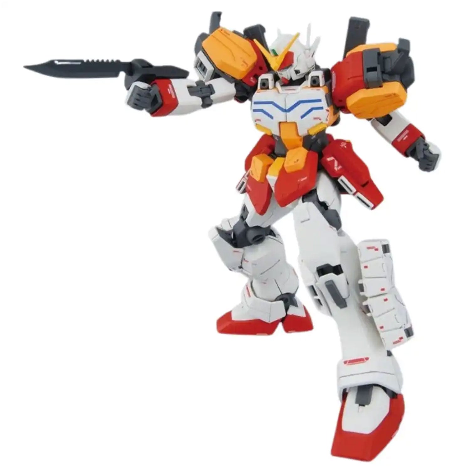 Red, white, and yellow Gundam action figure wielding a combat knife in a dynamic pose against a white background.