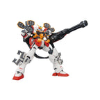 Gundam model kit featuring a white, red, and orange robot equipped with a large gatling gun and multiple missile pods.