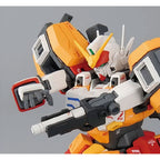 White, orange, and red Gundam plastic model holding a black rifle in a dynamic action pose.