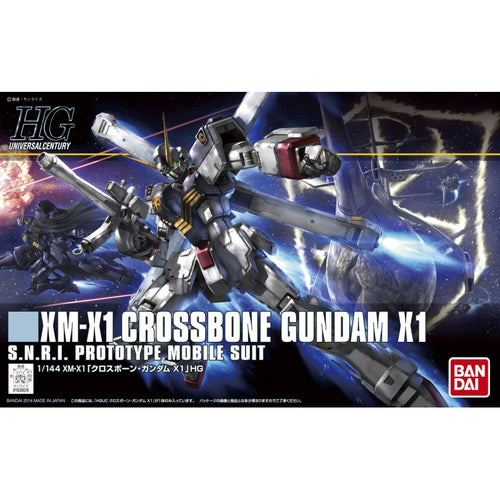 Confezione Bandai Model Kit HG 1:144 Crossbone Gundam X1 con illustrazione del mobile suit in battaglia spaziale.