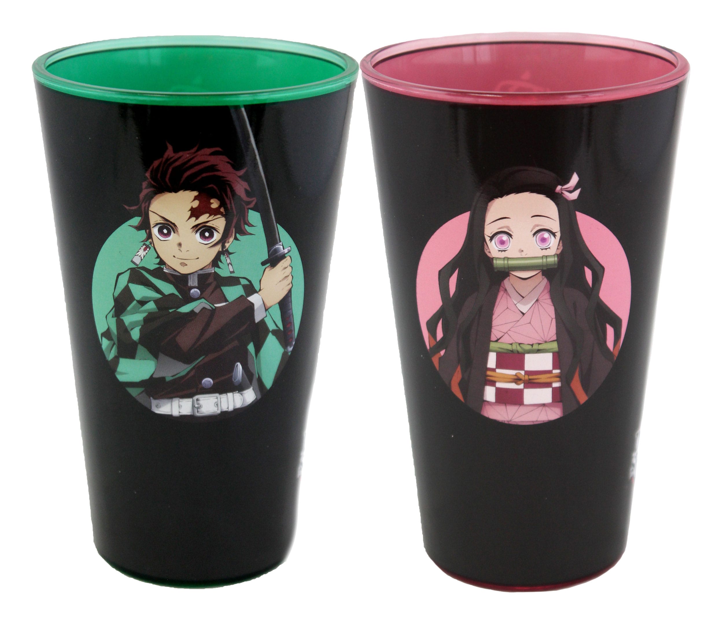 Set 2 bicchieri Demon Slayer 473ml Just Funky con illustrazioni di Tanjiro e Nezuko su sfondo nero.