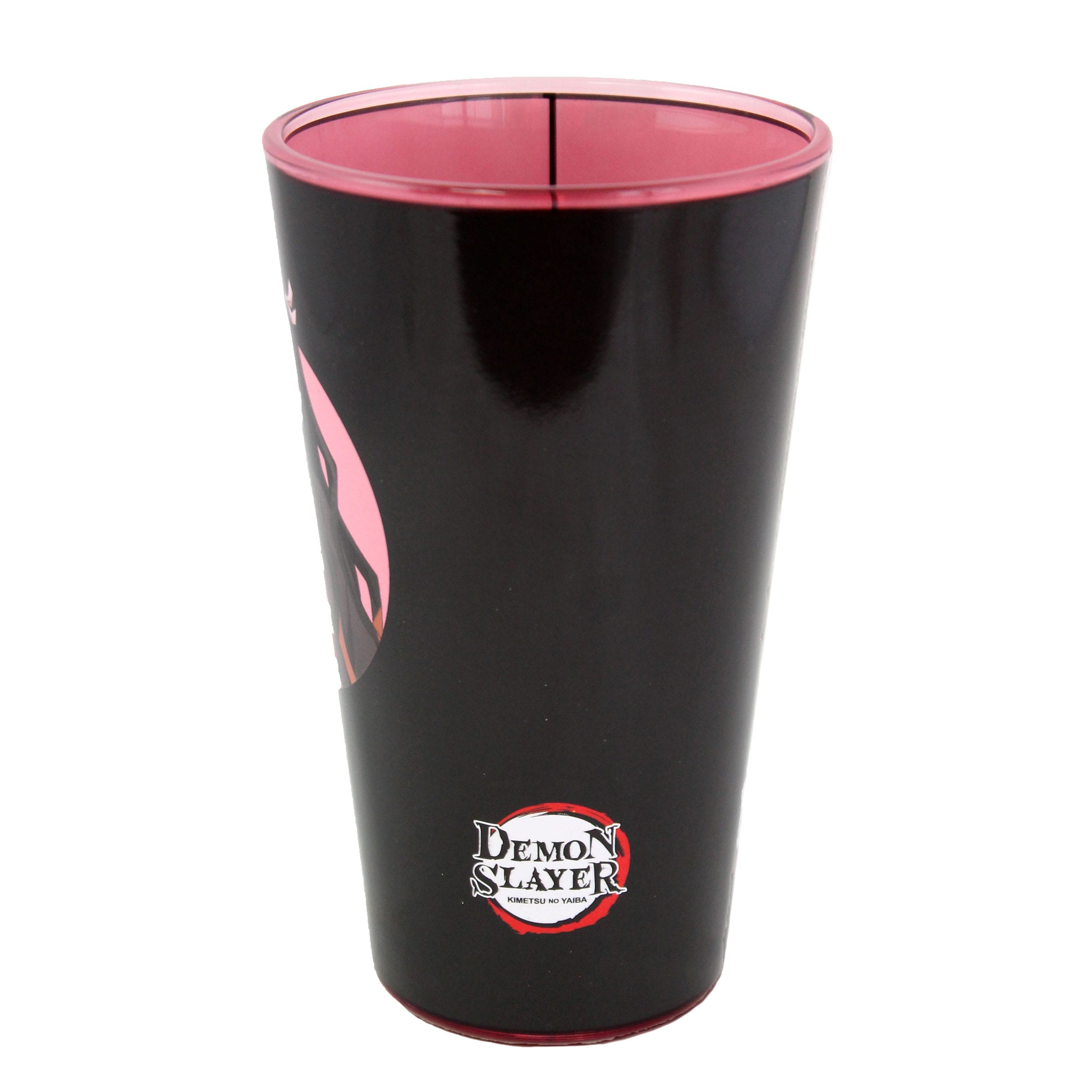 Bicchiere nero Just Funky Demon Slayer con logo ufficiale e bordo rosa, capacità 473 ml.